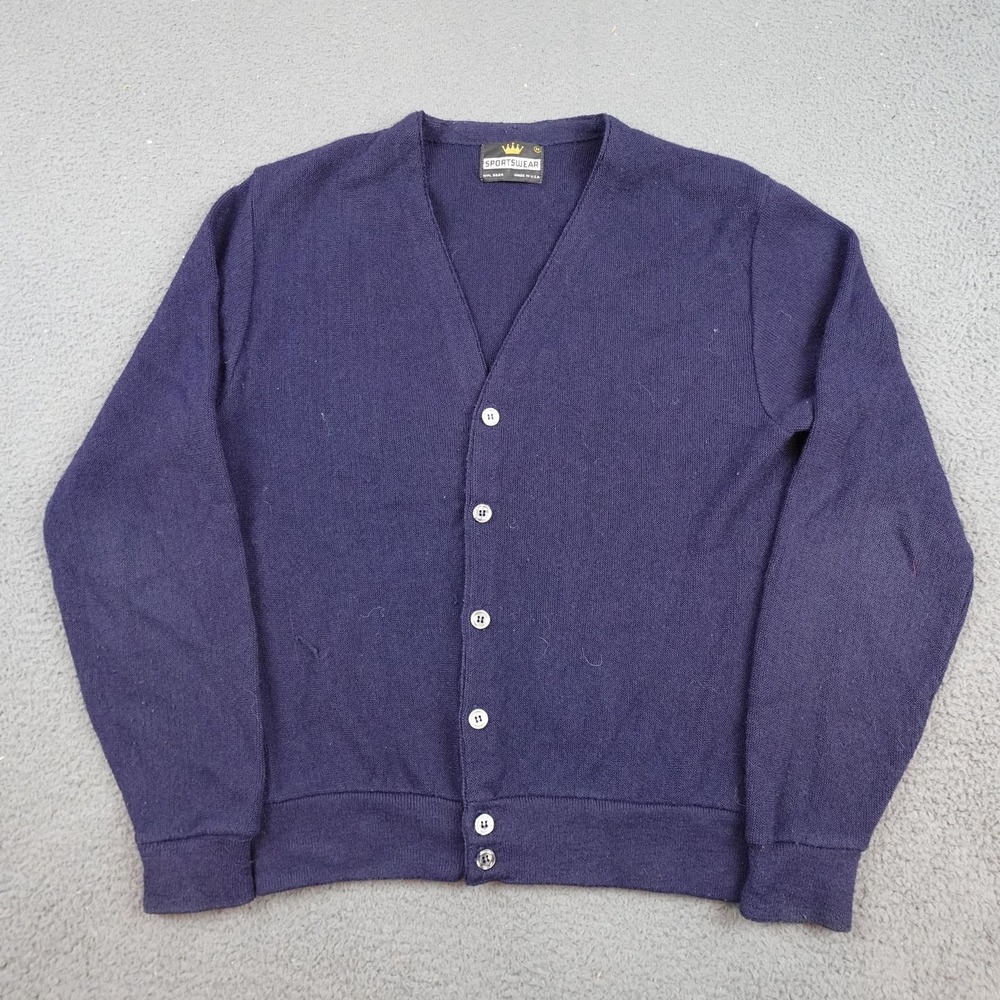 Vintage Sportswear Sweater Mens Medium Blue Cardigan Knit V Neck Made In USA